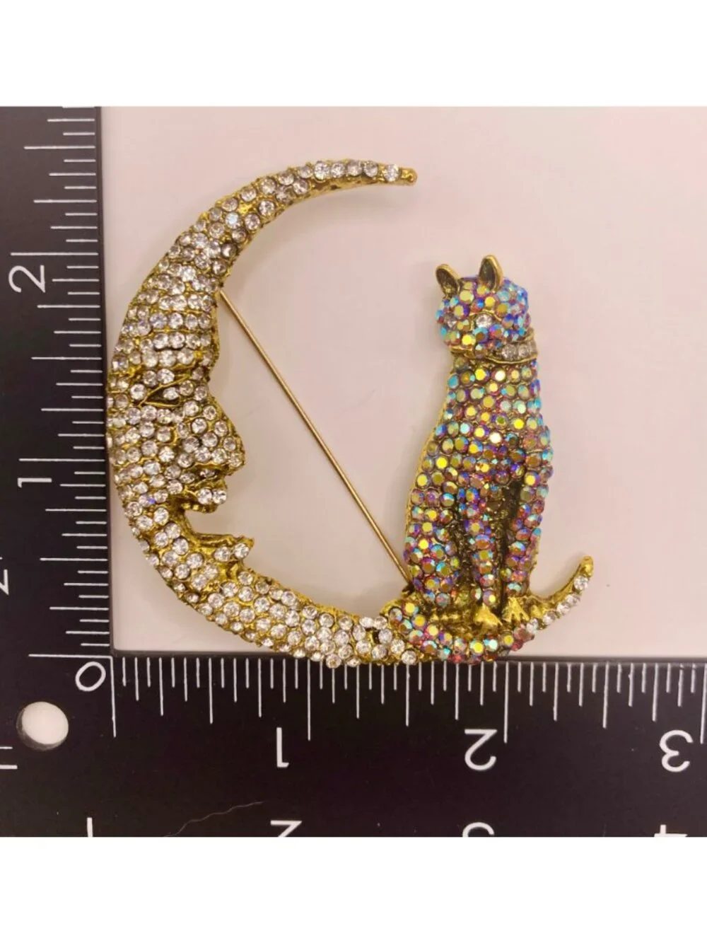 Crescent Moon & Cat Rhinestone Gold Tone Brooch Pin -46B